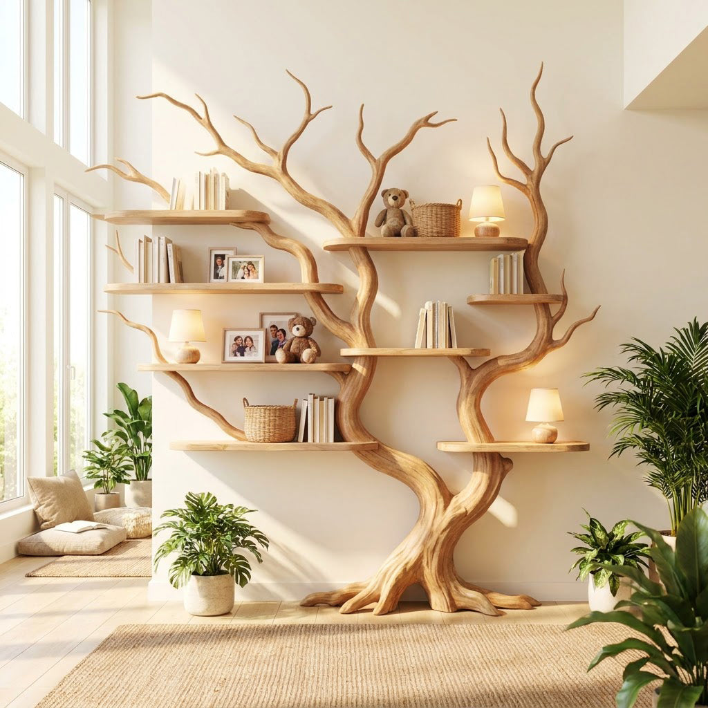 Sculptural Hand-Carved Tree Solid Wood Bookshelf & Sprawling Branch Wall Display Unit