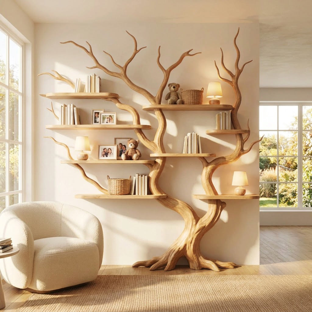 Sculptural Hand-Carved Tree Solid Wood Bookshelf & Sprawling Branch Wall Display Unit