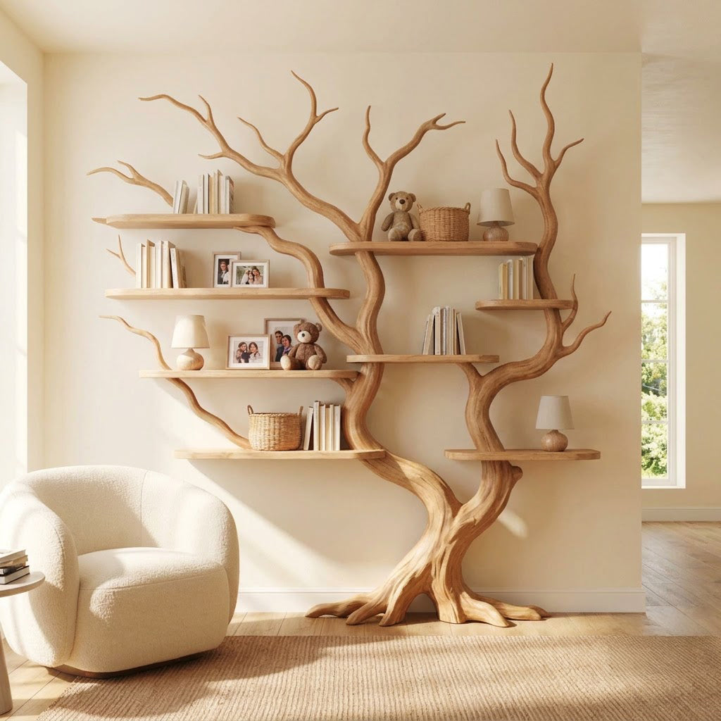 Sculptural Hand-Carved Tree Solid Wood Bookshelf & Sprawling Branch Wall Display Unit