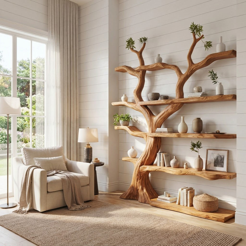 Sculptural Hand-Carved Tree Solid Wood Bookshelf With Organic Live-Edge Floating Shelves