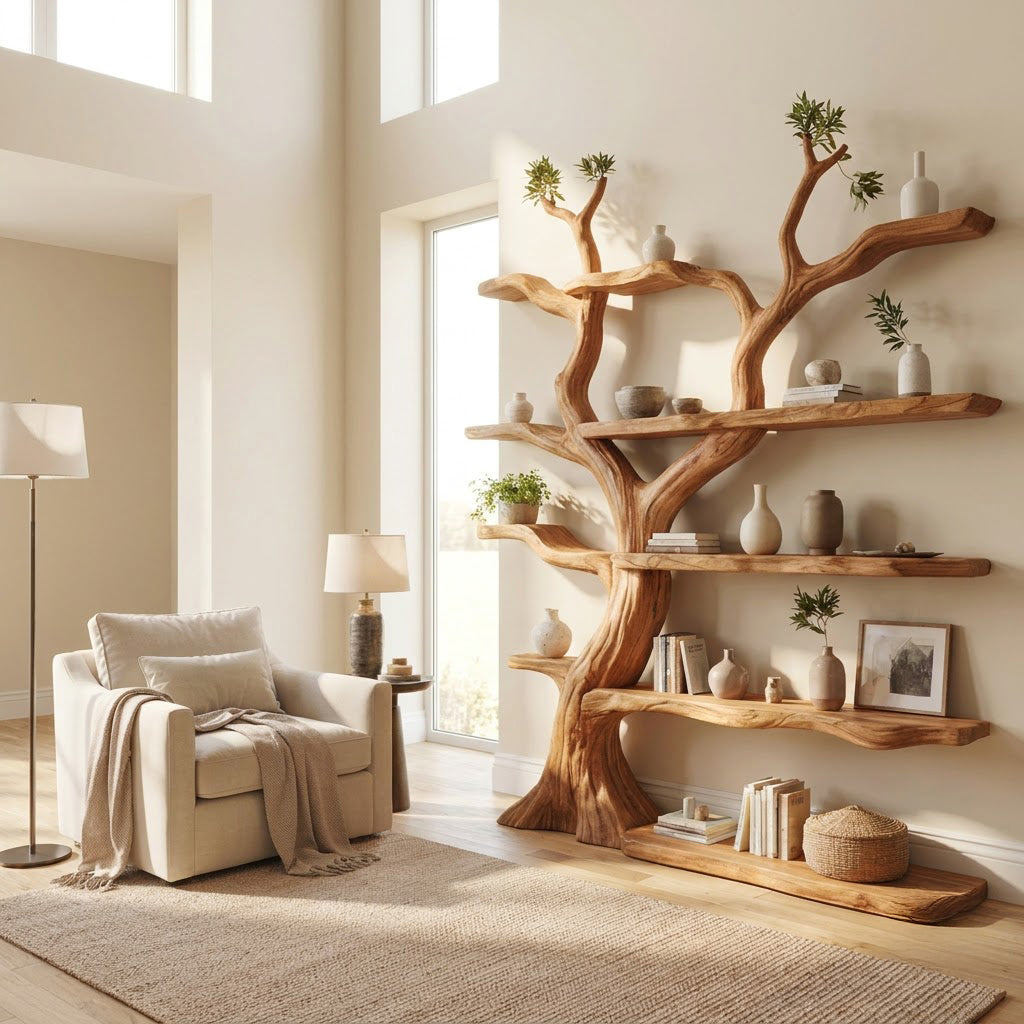 Sculptural Hand-Carved Tree Solid Wood Bookshelf With Organic Live-Edge Floating Shelves