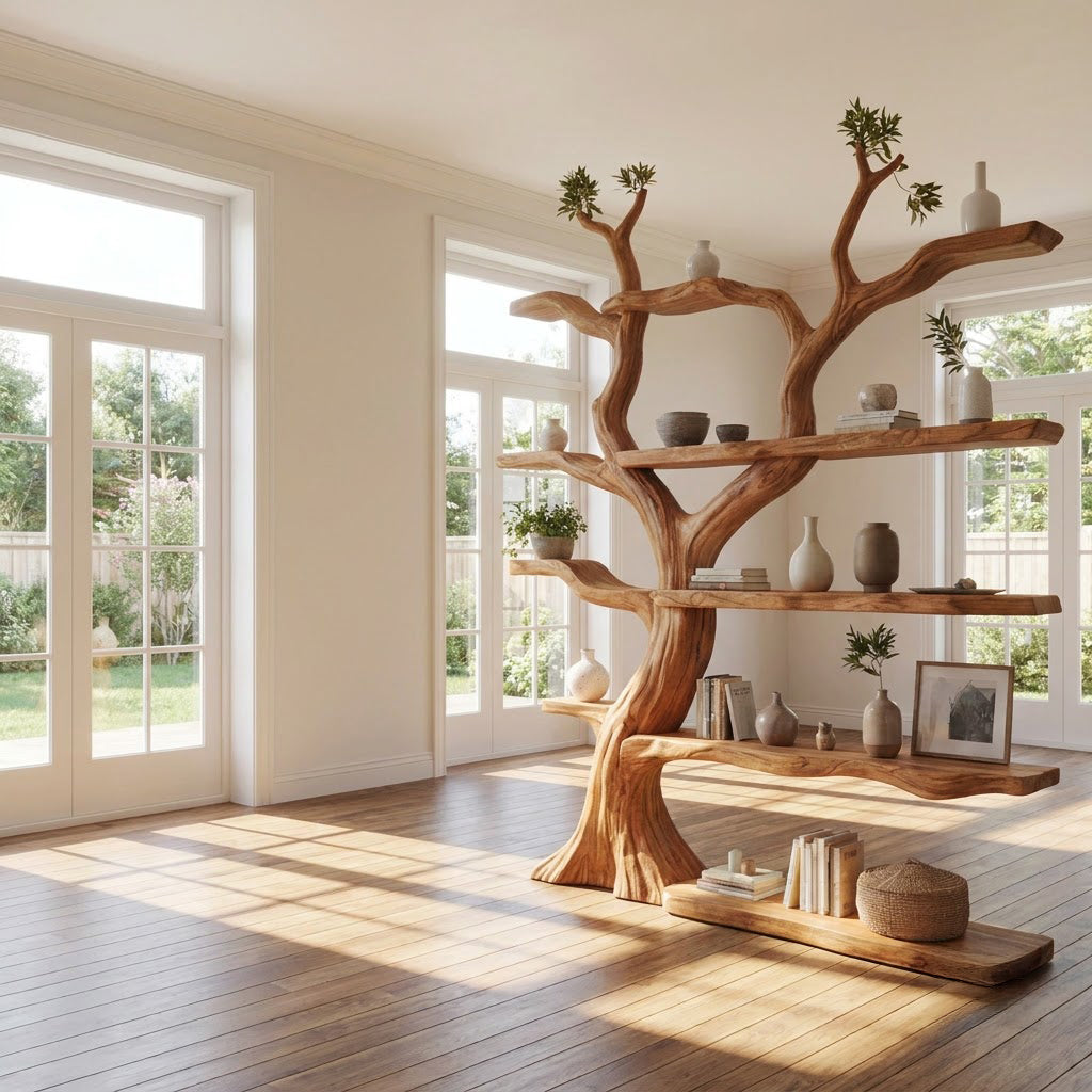 Sculptural Hand-Carved Tree Solid Wood Bookshelf With Organic Live-Edge Floating Shelves