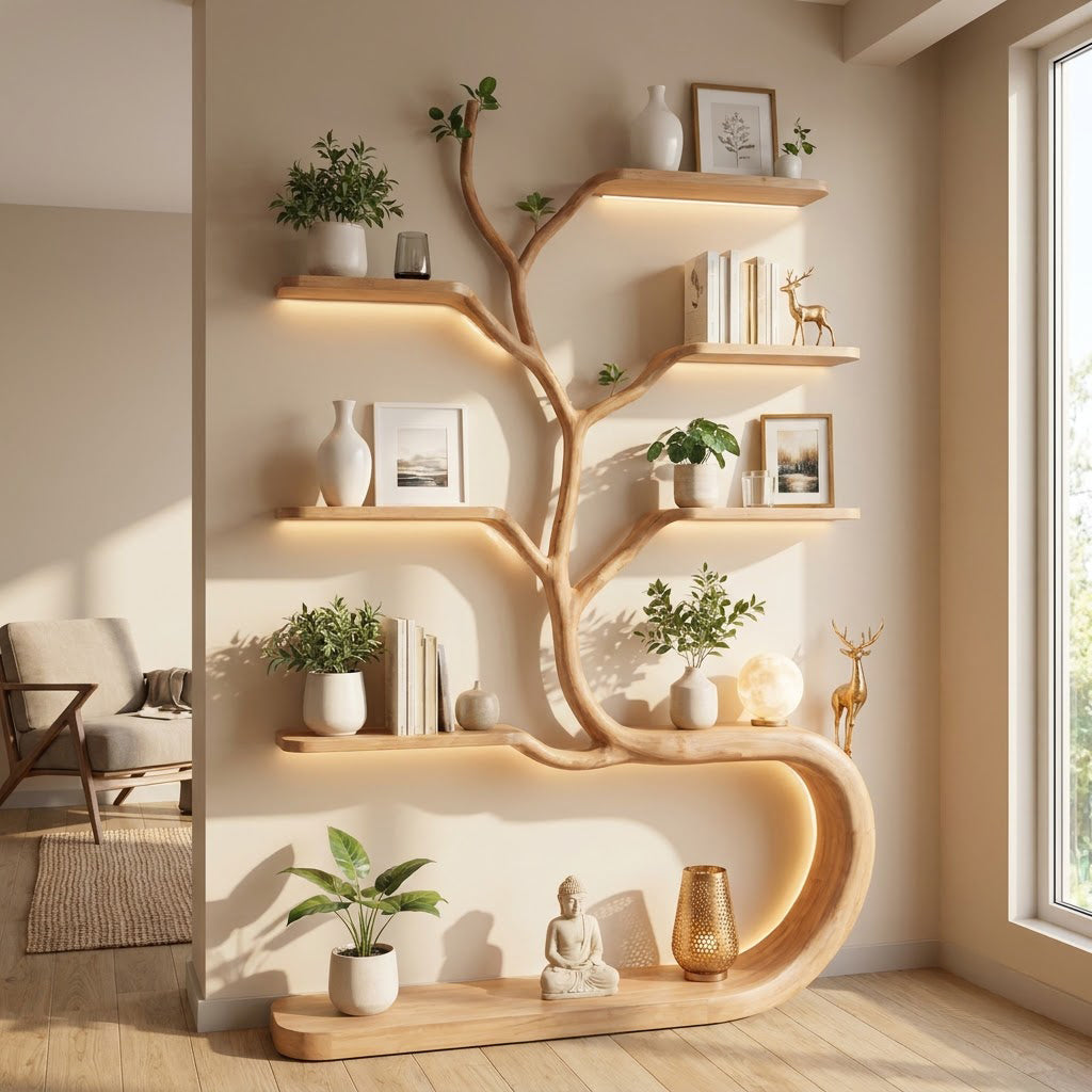 Sculptural Hand-Carved Tree Solid Wood Bookshelf With Sinuous Ribbon Base & Integrated Ambient Lighting