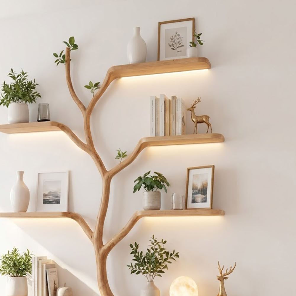 Sculptural Hand-Carved Tree Solid Wood Bookshelf With Sinuous Ribbon Base & Integrated Ambient Lighting