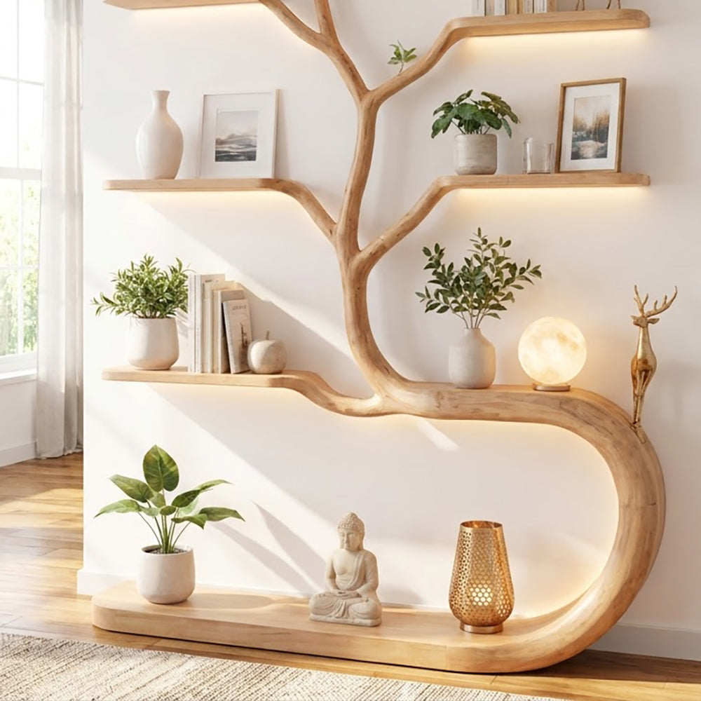 Sculptural Hand-Carved Tree Solid Wood Bookshelf With Sinuous Ribbon Base & Integrated Ambient Lighting