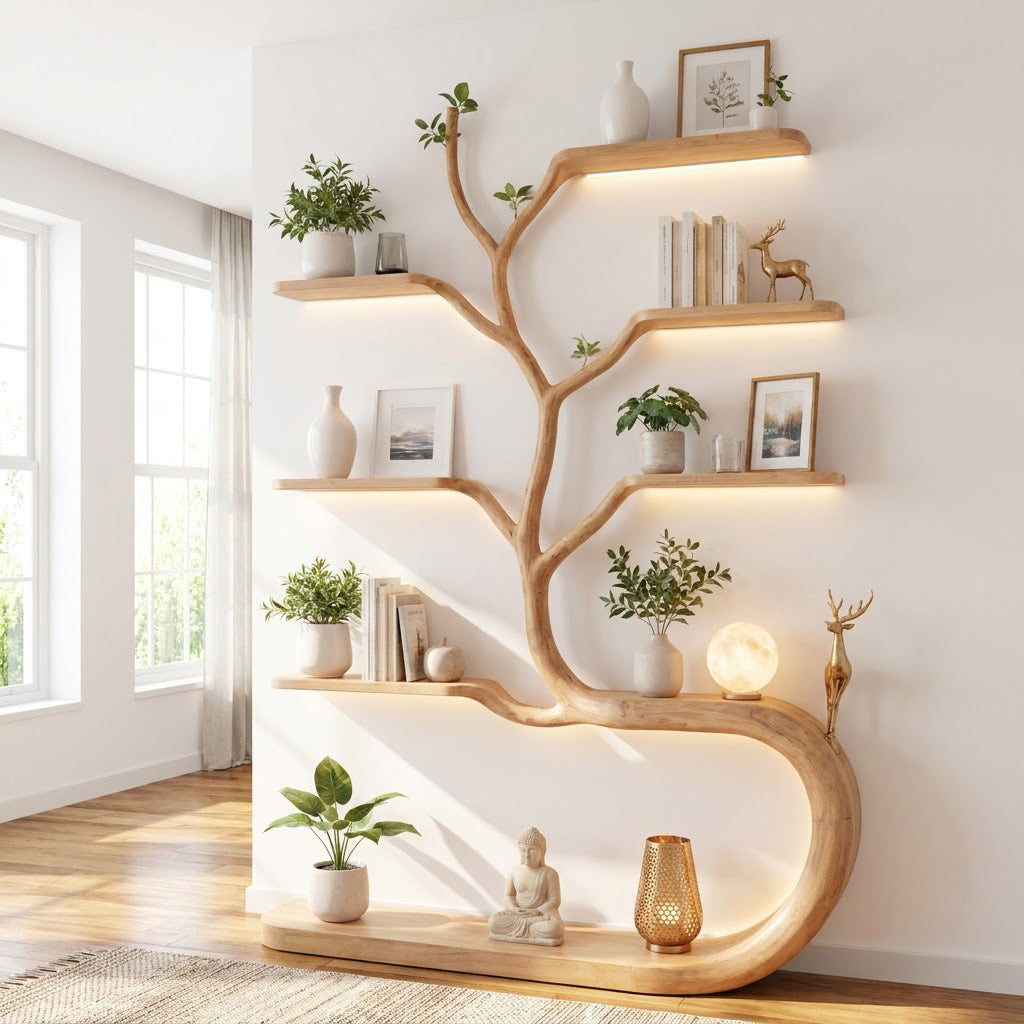 Sculptural Hand-Carved Tree Solid Wood Bookshelf With Sinuous Ribbon Base & Integrated Ambient Lighting