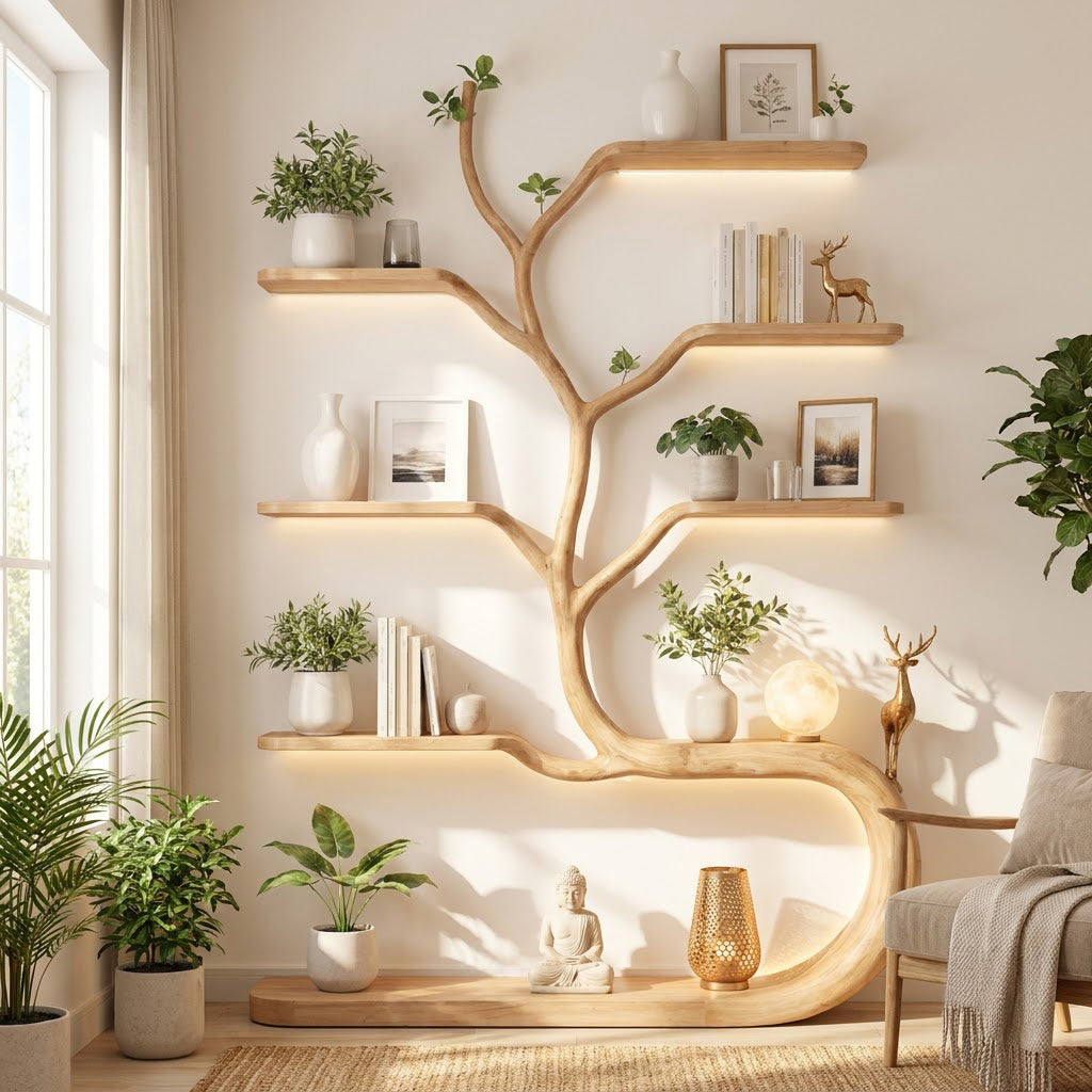 Sculptural Hand-Carved Tree Solid Wood Bookshelf With Sinuous Ribbon Base & Integrated Ambient Lighting