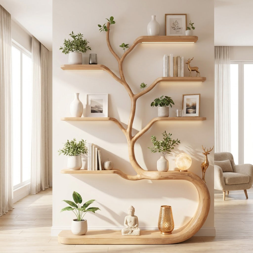 Sculptural Hand-Carved Tree Solid Wood Bookshelf With Sinuous Ribbon Base & Integrated Ambient Lighting