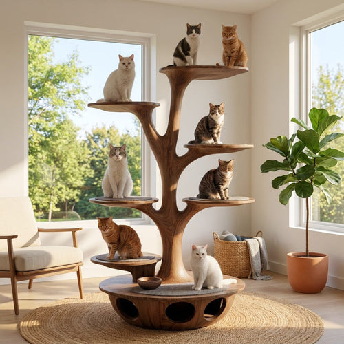 Sculptural Hand-Carved Tree Solid Wood Cat Tower & Multi-Tier Luxury Feline Climbing Tree With Tunnel Condo Base