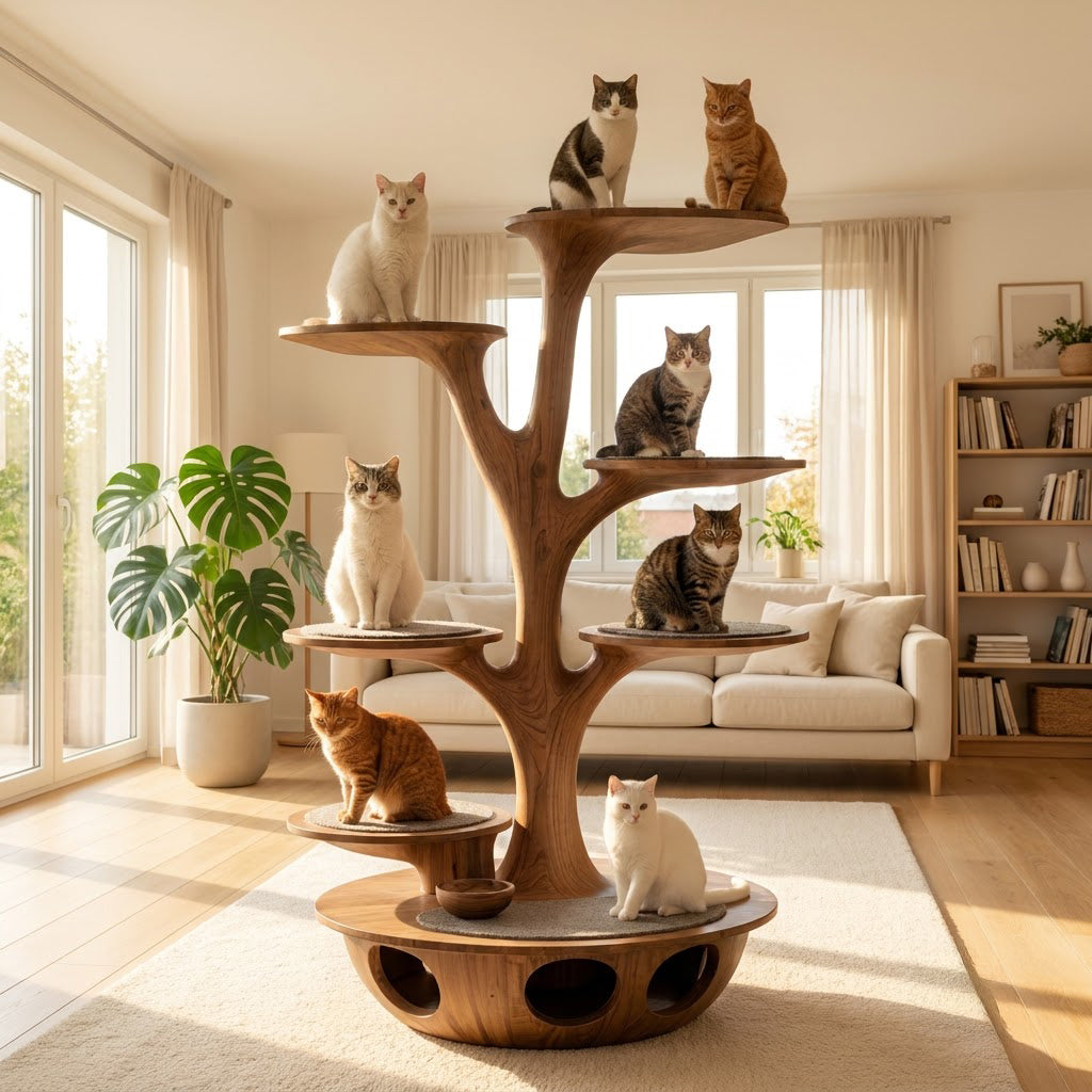 Sculptural Hand-Carved Tree Solid Wood Cat Tower & Multi-Tier Luxury Feline Climbing Tree With Tunnel Condo Base