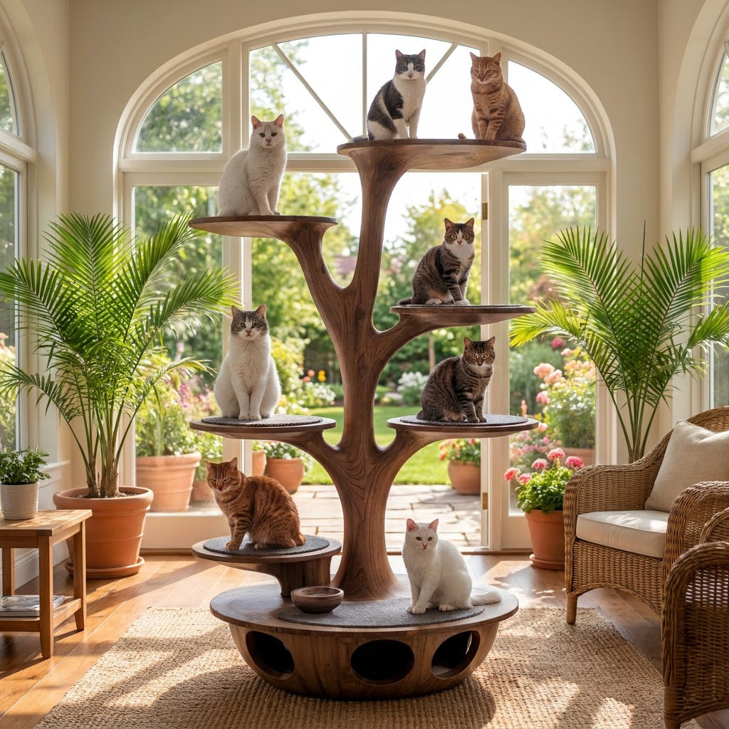 Sculptural Hand-Carved Tree Solid Wood Cat Tower & Multi-Tier Luxury Feline Climbing Tree With Tunnel Condo Base