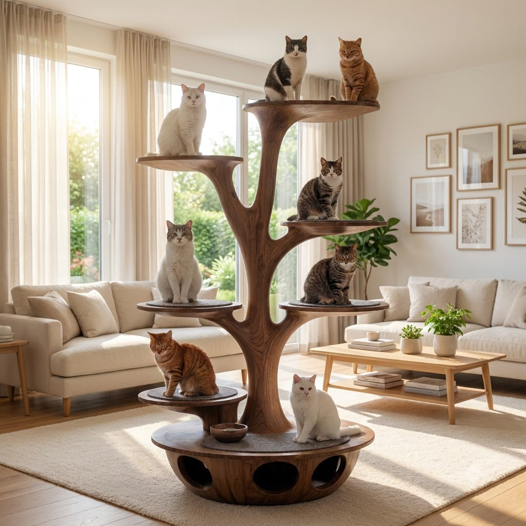 Sculptural Hand-Carved Tree Solid Wood Cat Tower & Multi-Tier Luxury Feline Climbing Tree With Tunnel Condo Base