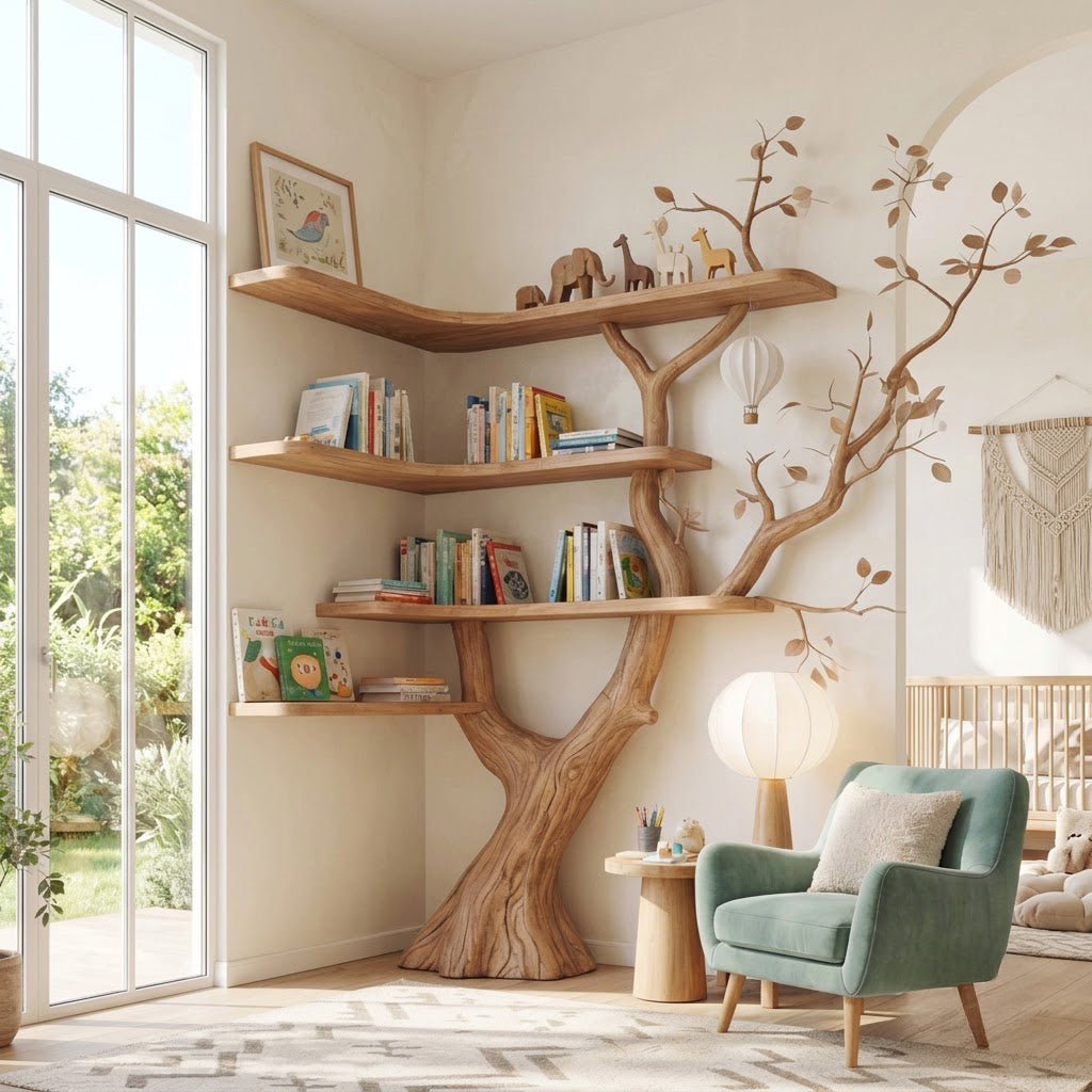 Sculptural Hand-Carved Tree Solid Wood Corner Bookshelf & Sprawling Branch Display Unit