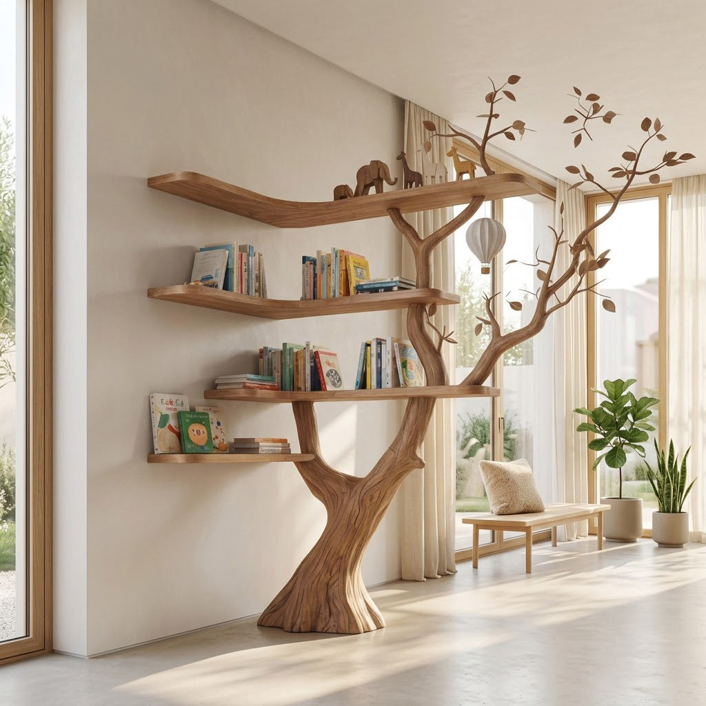 Sculptural Hand-Carved Tree Solid Wood Corner Bookshelf & Sprawling Branch Display Unit