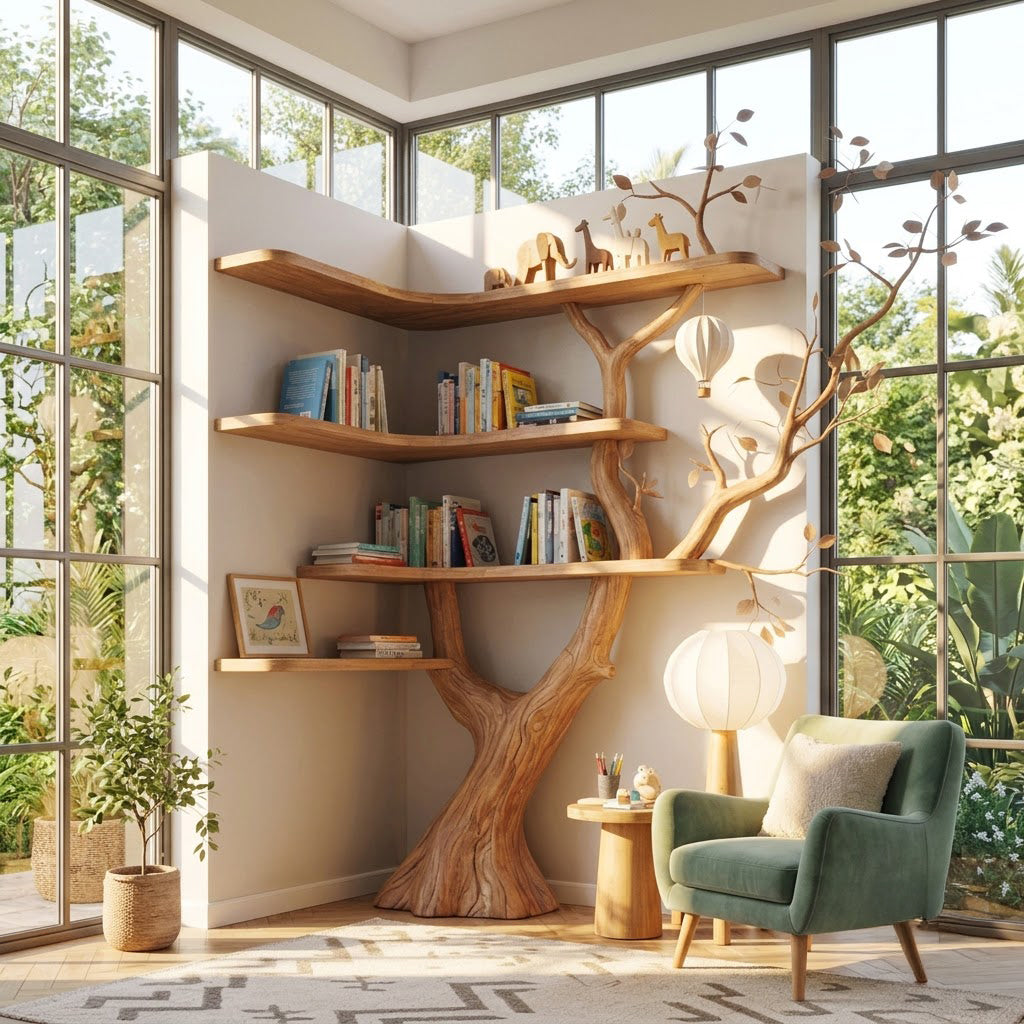Sculptural Hand-Carved Tree Solid Wood Corner Bookshelf & Sprawling Branch Display Unit