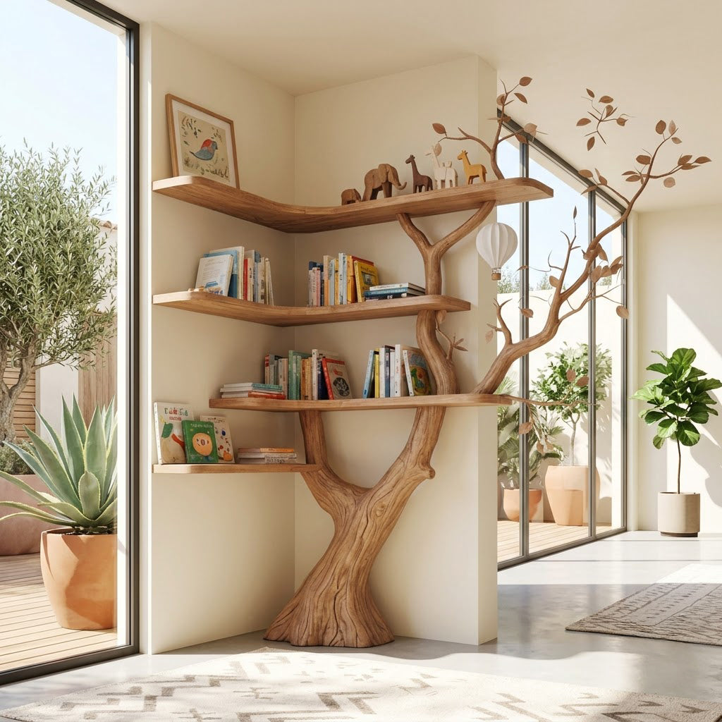 Sculptural Hand-Carved Tree Solid Wood Corner Bookshelf & Sprawling Branch Display Unit