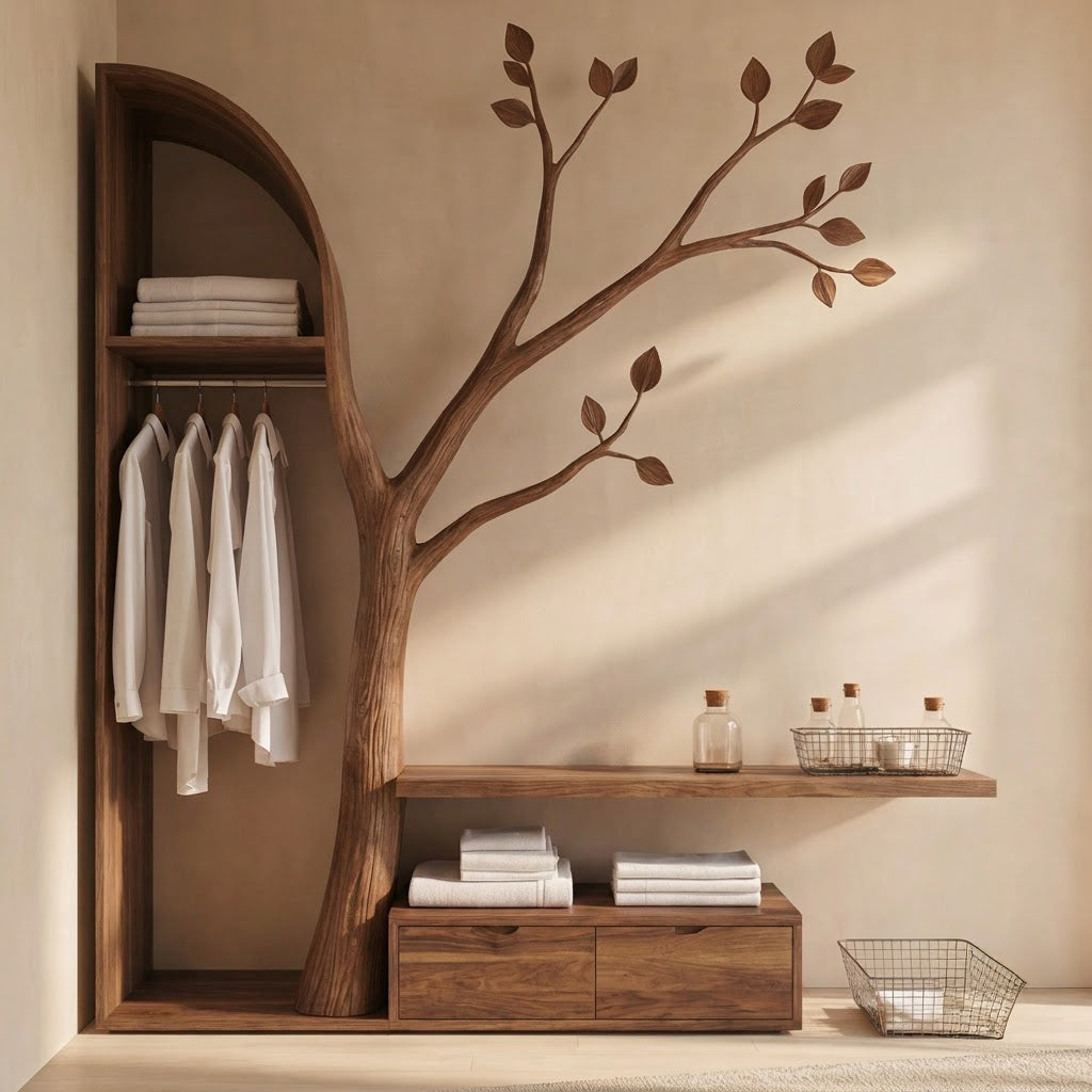 Sculptural Hand-Carved Tree Solid Wood Open Wardrobe Closet System & Branch Wall Storage Bench