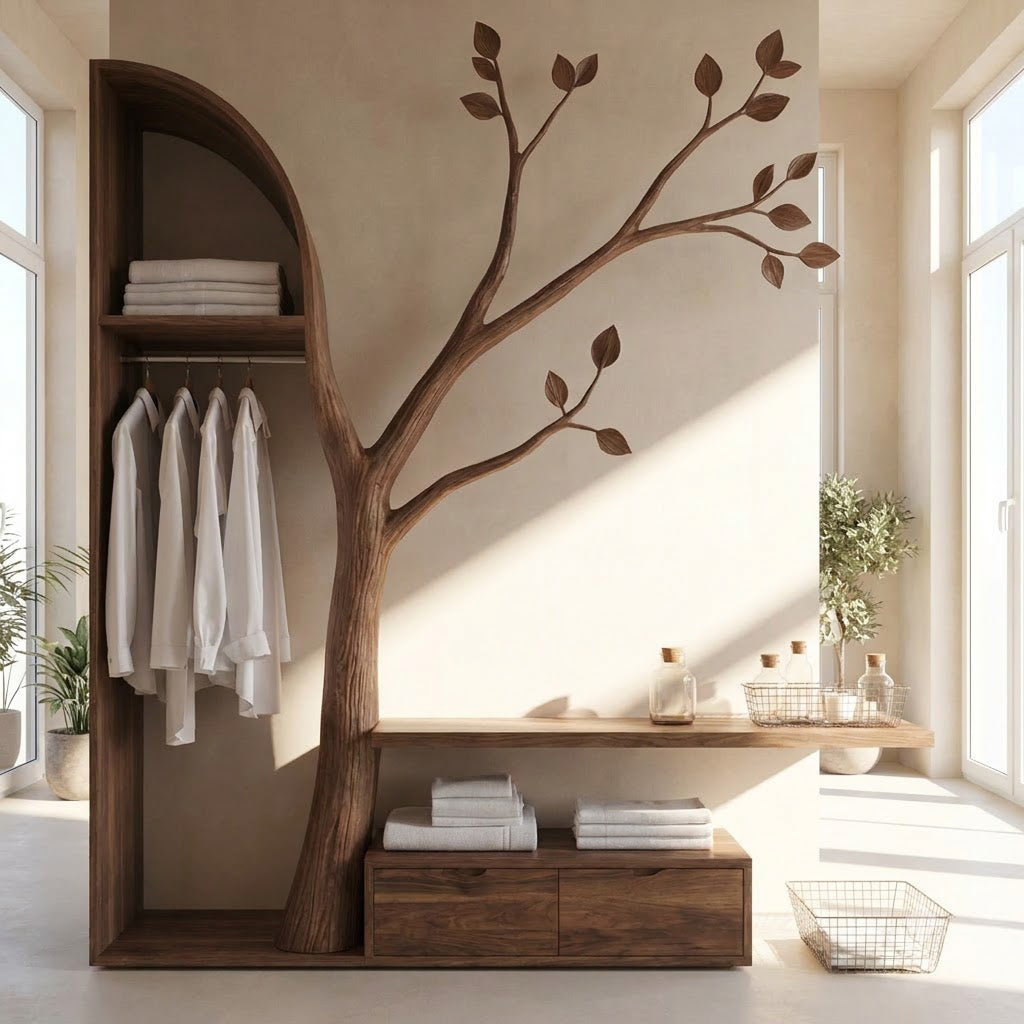 Sculptural Hand-Carved Tree Solid Wood Open Wardrobe Closet System & Branch Wall Storage Bench