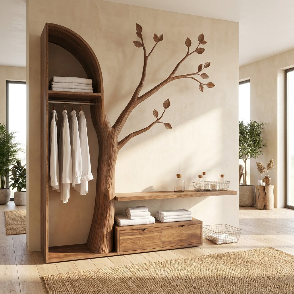 Sculptural Hand-Carved Tree Solid Wood Open Wardrobe Closet System & Branch Wall Storage Bench