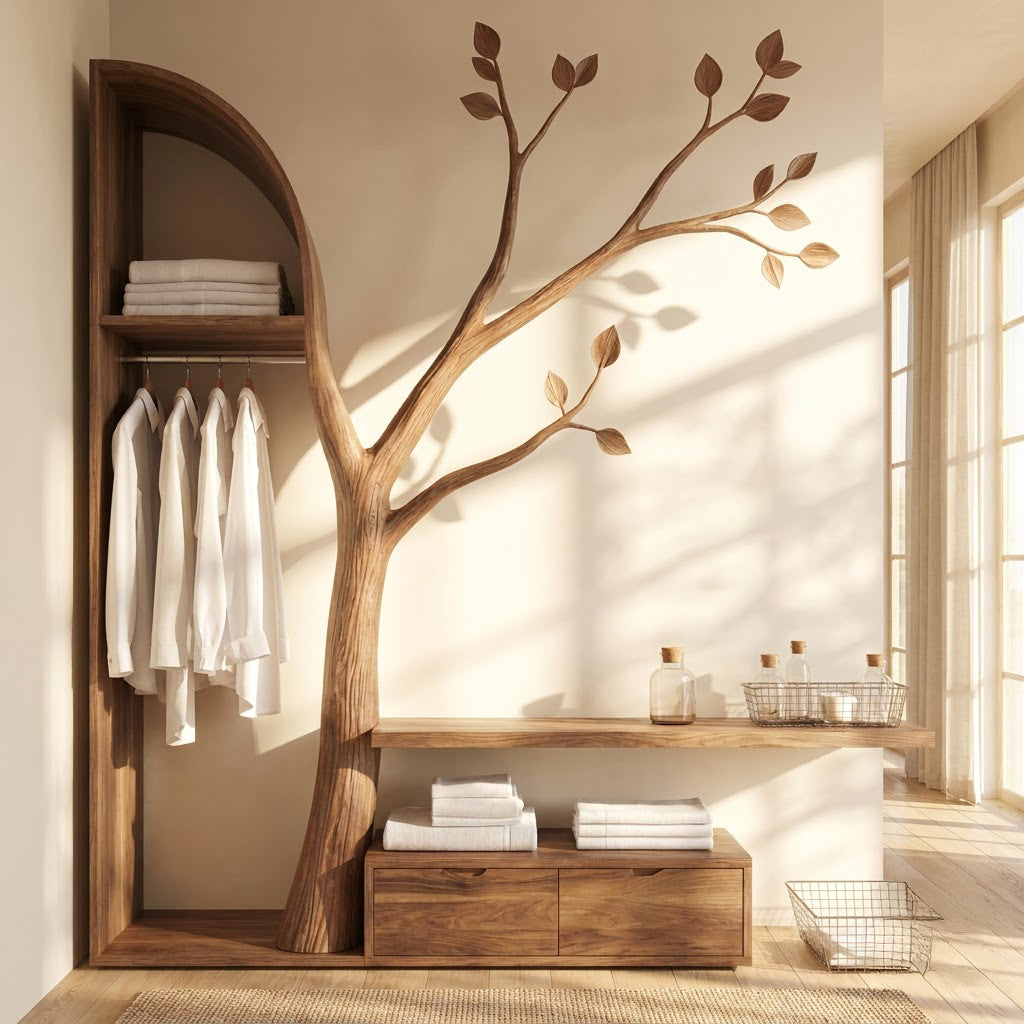 Sculptural Hand-Carved Tree Solid Wood Open Wardrobe Closet System & Branch Wall Storage Bench