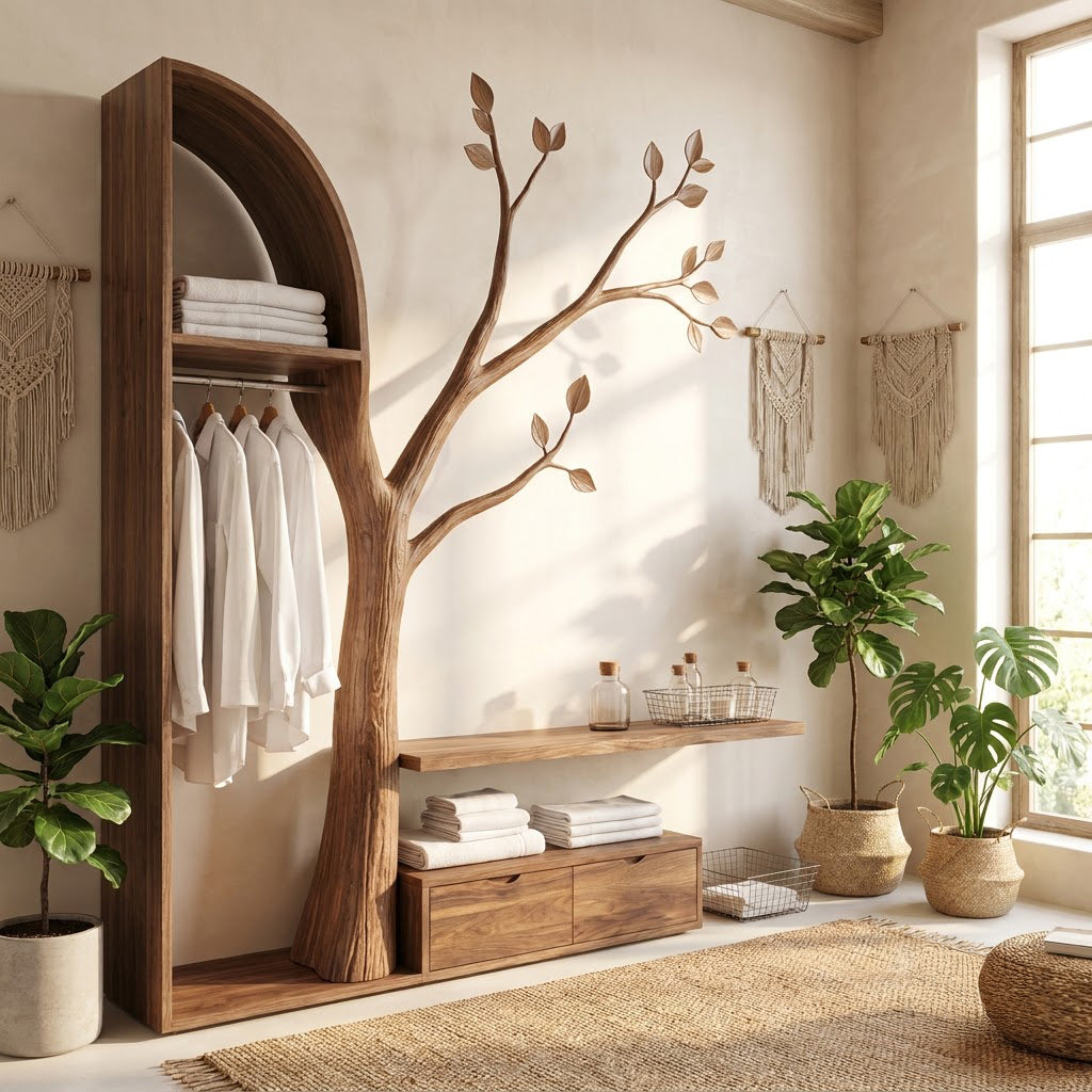 Sculptural Hand-Carved Tree Solid Wood Open Wardrobe Closet System & Branch Wall Storage Bench