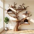 Sculptural Hand-Carved Tree Solid Wood Wall-Mounted Cat Climbing Tower With Dual House Condos & Display Shelves