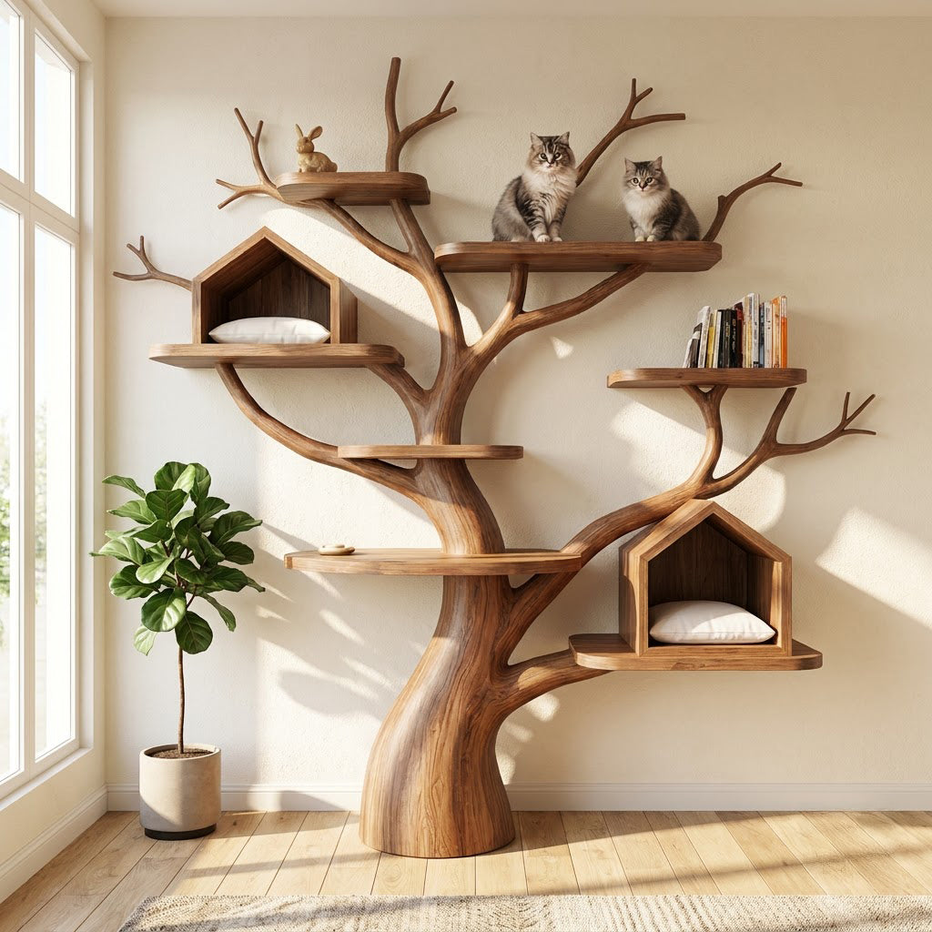 Sculptural Hand-Carved Tree Solid Wood Wall-Mounted Cat Climbing Tower With Dual House Condos & Display Shelves