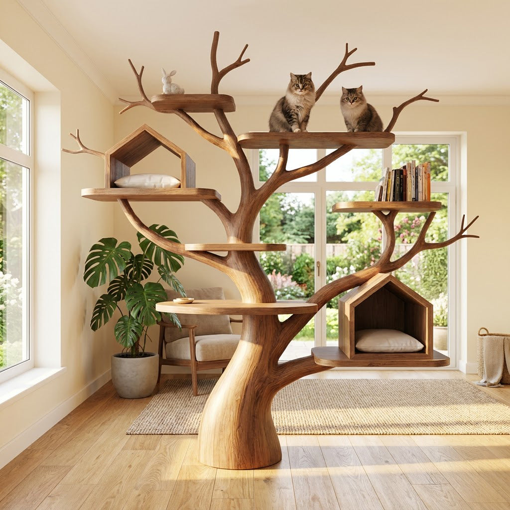 Sculptural Hand-Carved Tree Solid Wood Wall-Mounted Cat Climbing Tower With Dual House Condos & Display Shelves