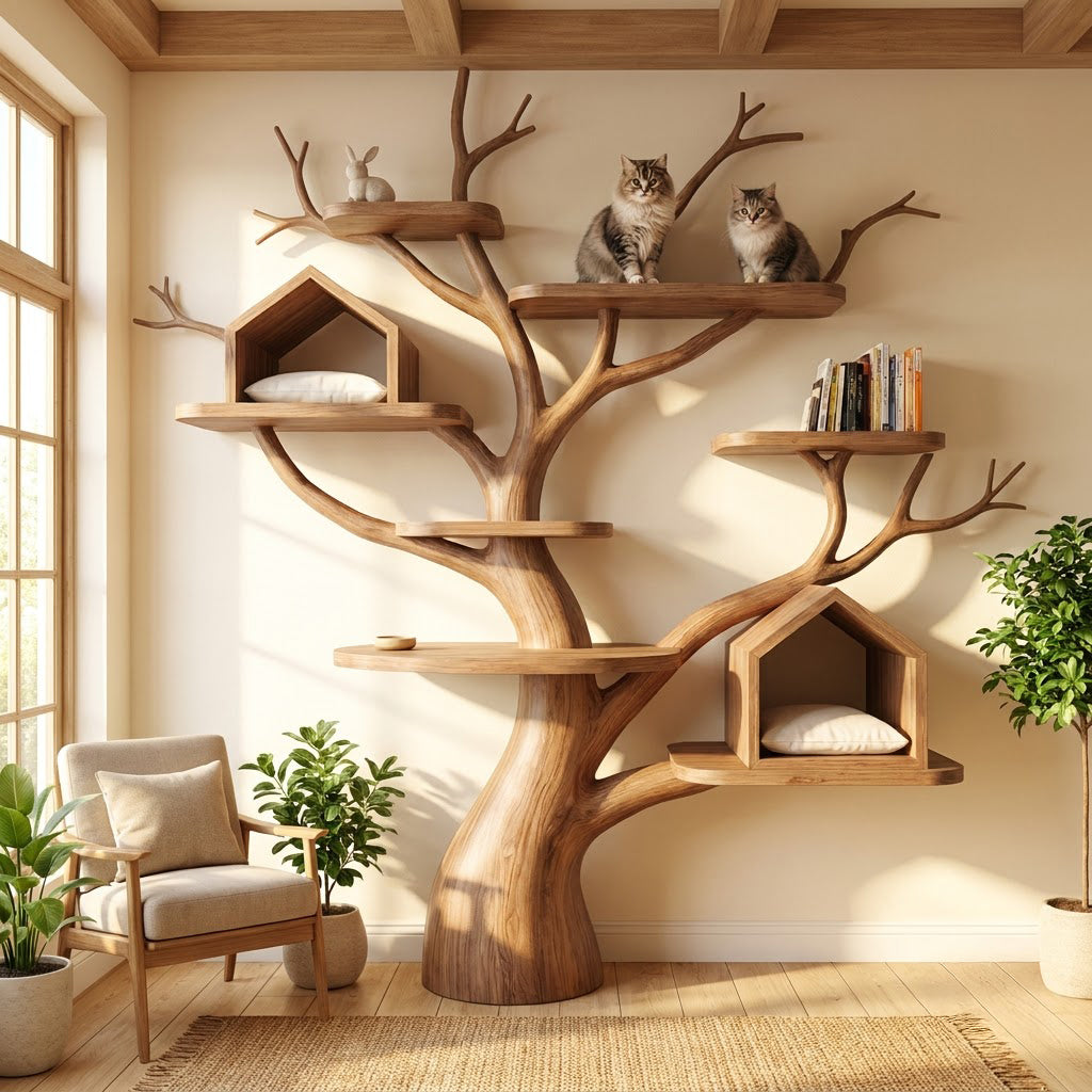 Sculptural Hand-Carved Tree Solid Wood Wall-Mounted Cat Climbing Tower With Dual House Condos & Display Shelves