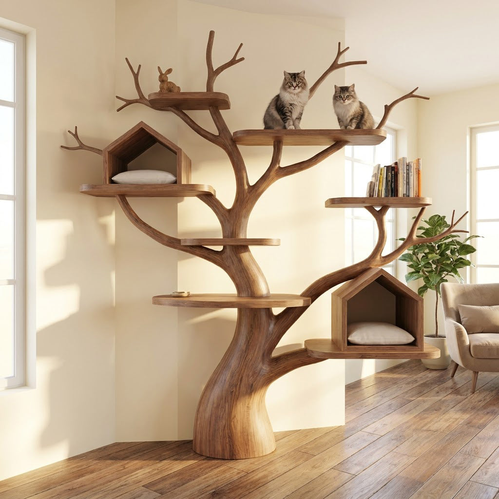 Sculptural Hand-Carved Tree Solid Wood Wall-Mounted Cat Climbing Tower With Dual House Condos & Display Shelves