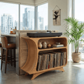Sculptural Handcrafted Arched Solid Wood Vinyl Record Player Stand & Media Console Cabinet
