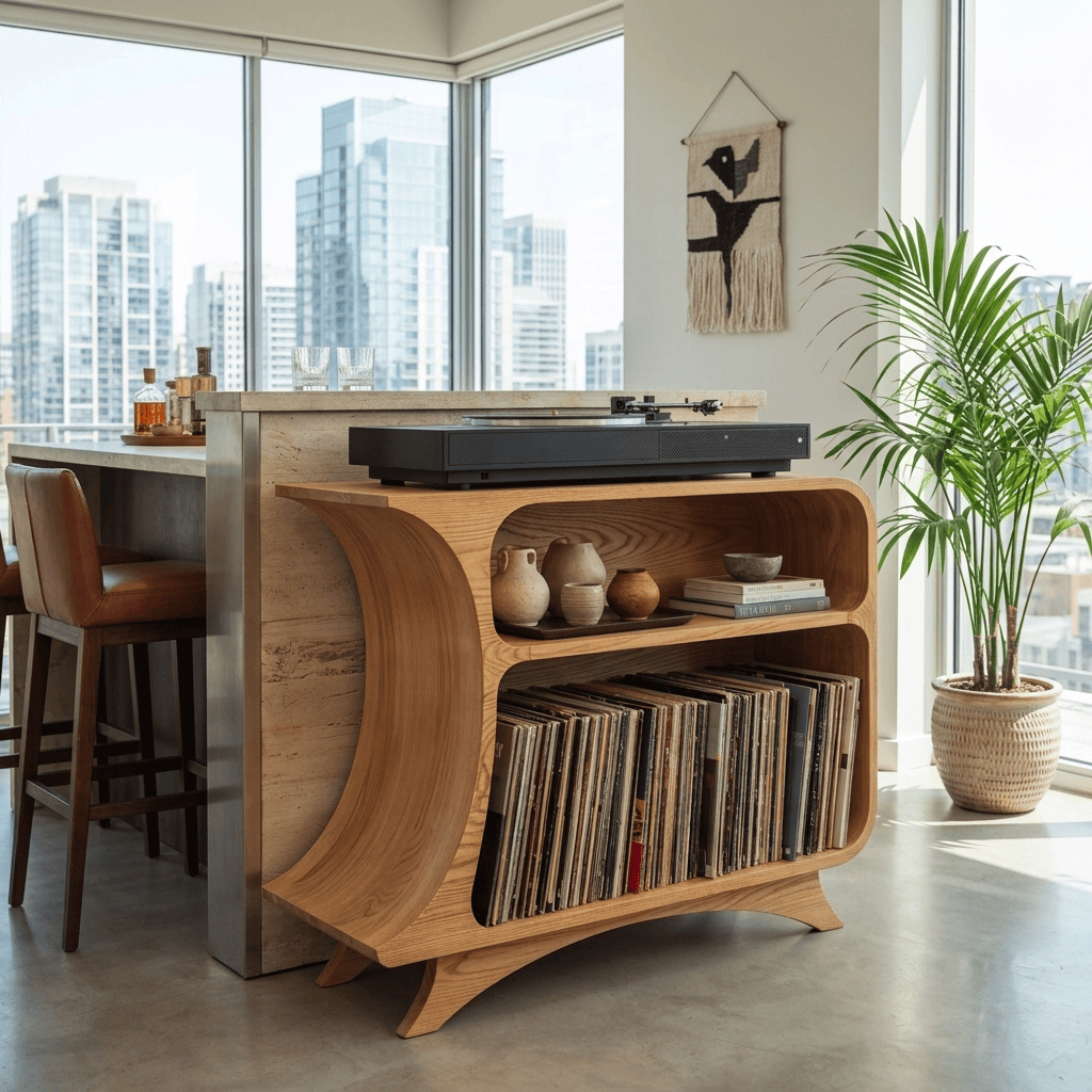 Sculptural Handcrafted Arched Solid Wood Vinyl Record Player Stand & Media Console Cabinet