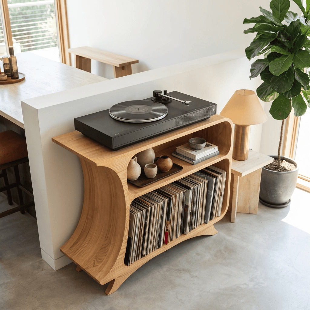 Sculptural Handcrafted Arched Solid Wood Vinyl Record Player Stand & Media Console Cabinet
