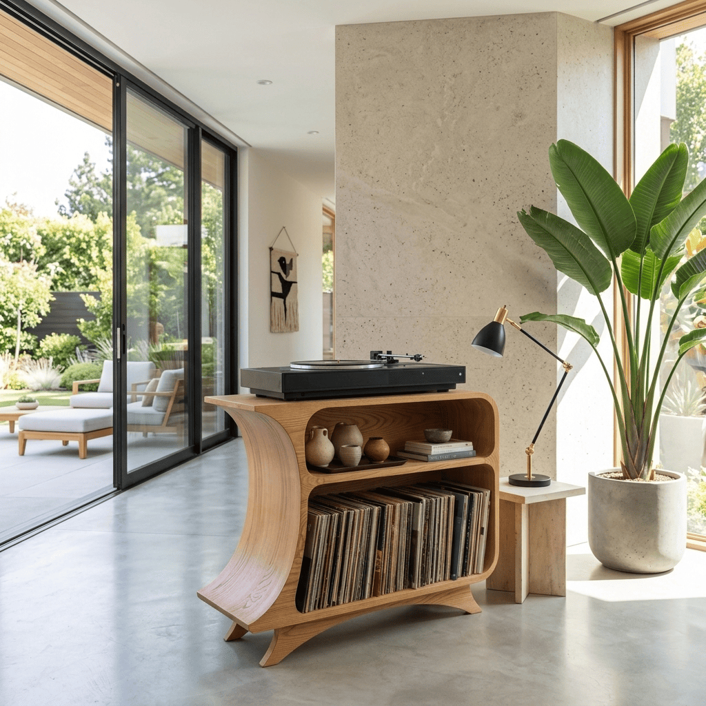 Sculptural Handcrafted Arched Solid Wood Vinyl Record Player Stand & Media Console Cabinet