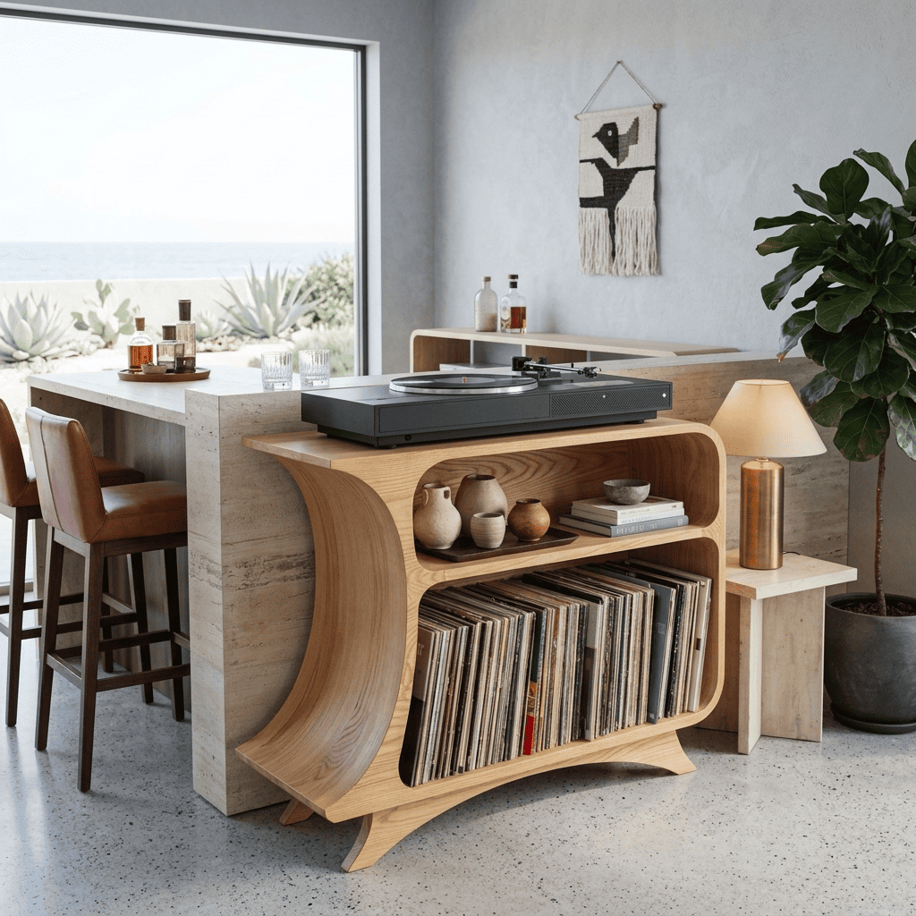 Sculptural Handcrafted Arched Solid Wood Vinyl Record Player Stand & Media Console Cabinet