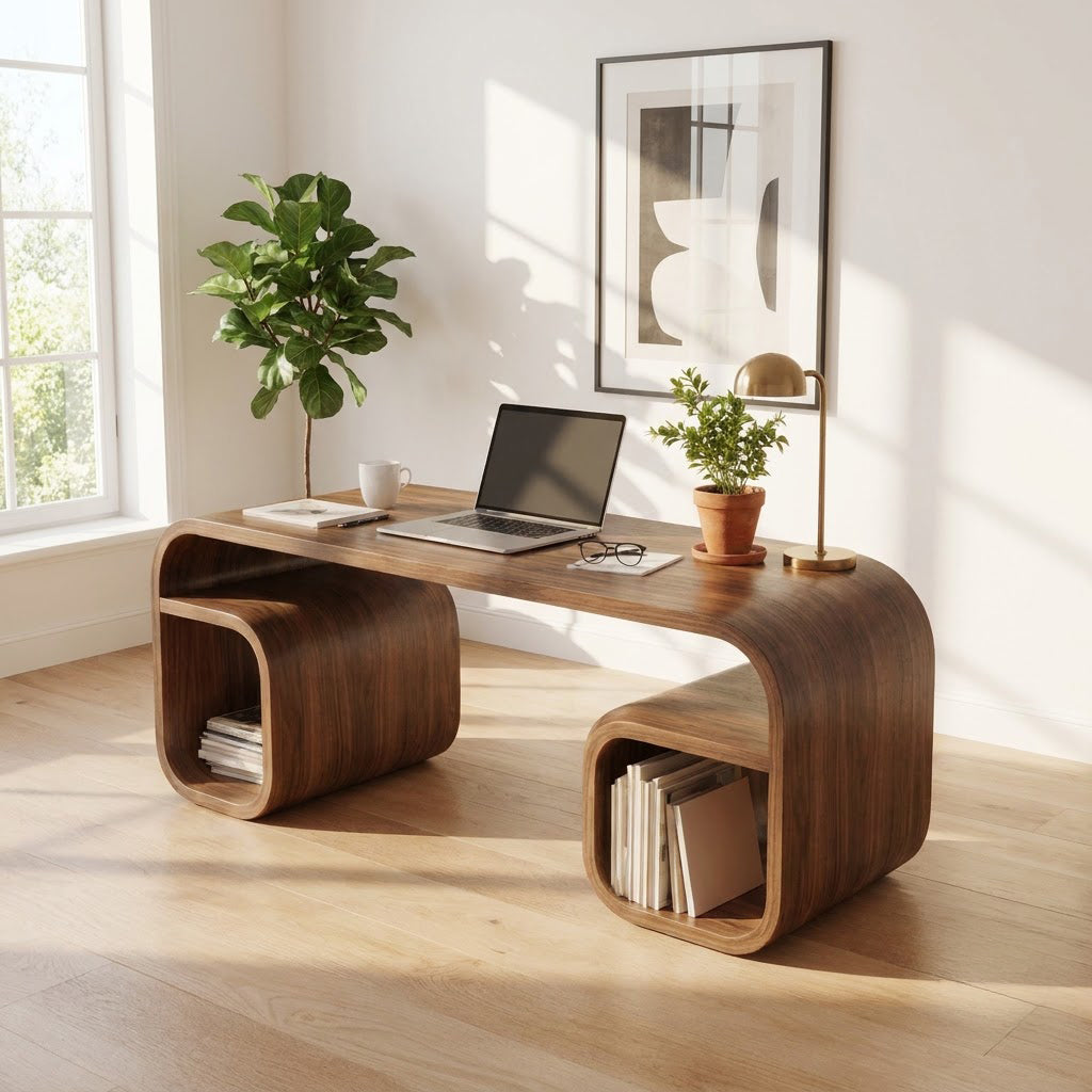 Sculptural Handcrafted Bentwood Bridge Solid Wood Desk & Dual Loop Cubby Writing Table