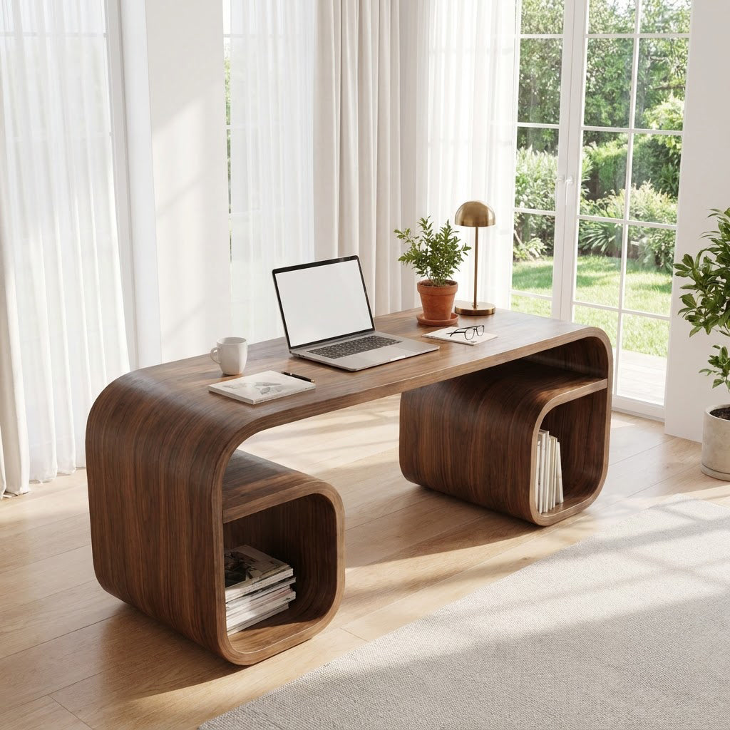 Sculptural Handcrafted Bentwood Bridge Solid Wood Desk & Dual Loop Cubby Writing Table