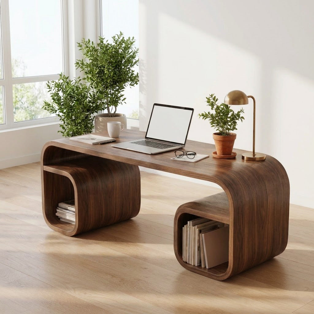 Sculptural Handcrafted Bentwood Bridge Solid Wood Desk & Dual Loop Cubby Writing Table