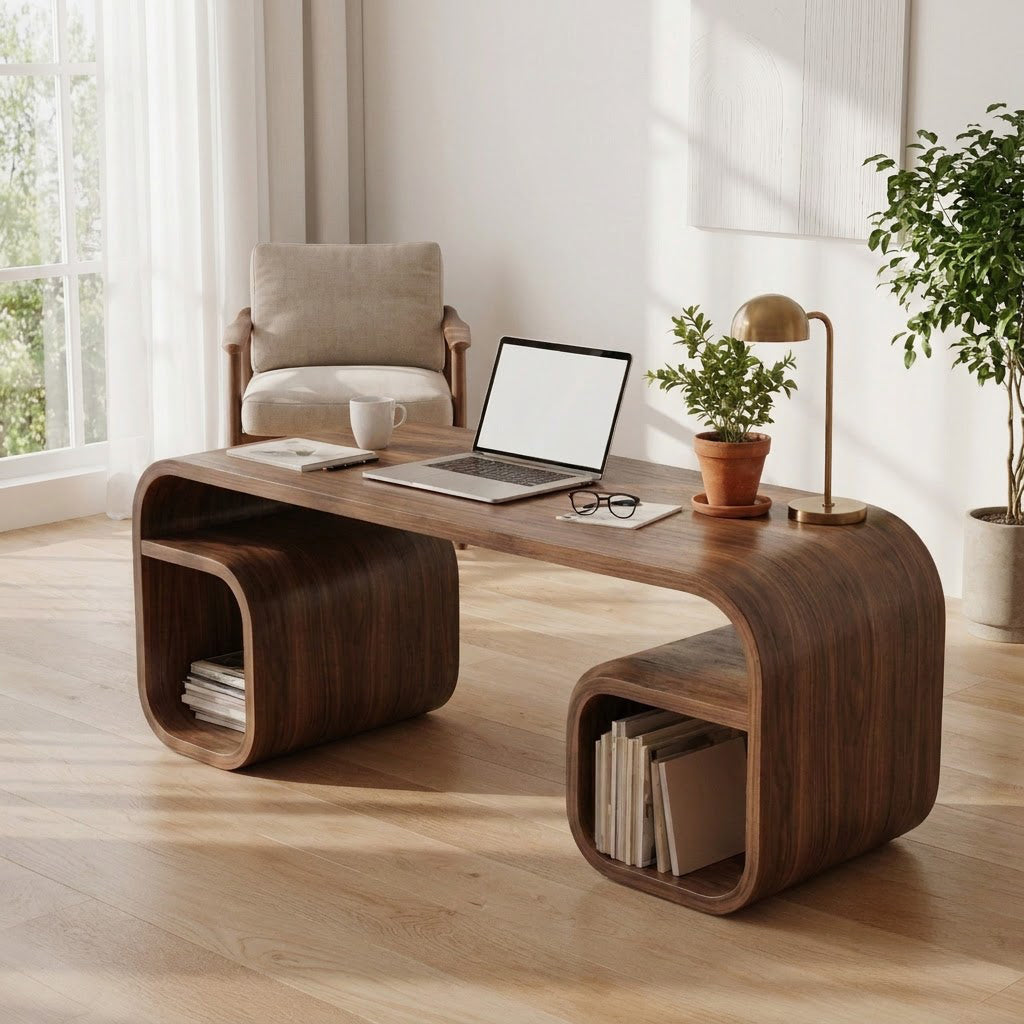 Sculptural Handcrafted Bentwood Bridge Solid Wood Desk & Dual Loop Cubby Writing Table