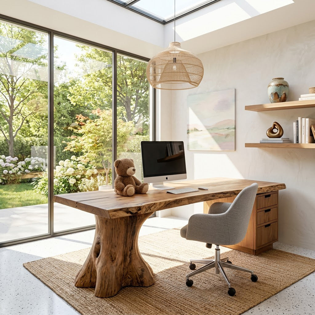 Sculptural Handcrafted Live Edge Solid Wood Executive Desk With Tree Trunk Pedestal Bases