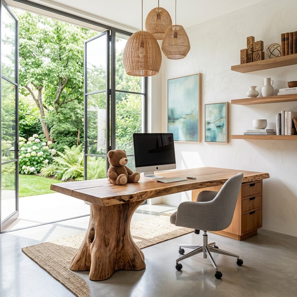 Sculptural Handcrafted Live Edge Solid Wood Executive Desk With Tree Trunk Pedestal Bases