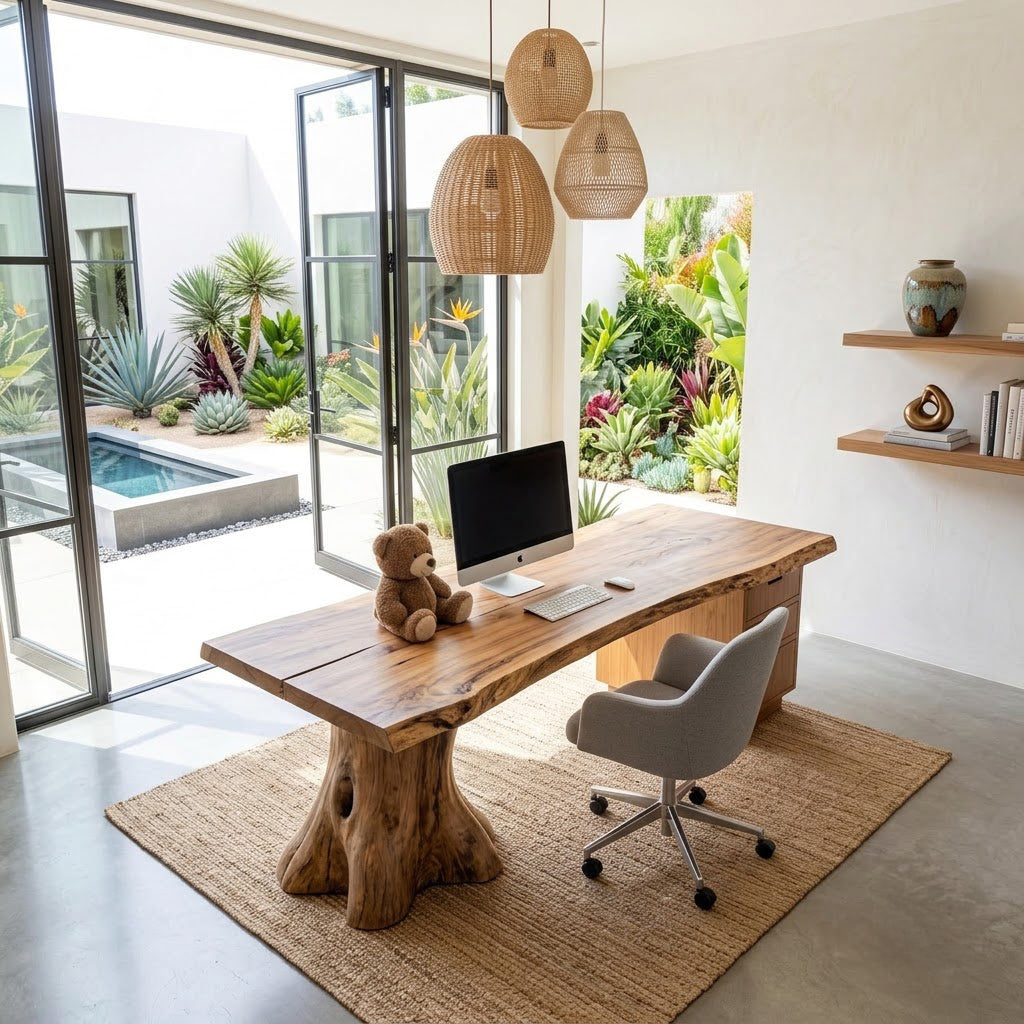Sculptural Handcrafted Live Edge Solid Wood Executive Desk With Tree Trunk Pedestal Bases