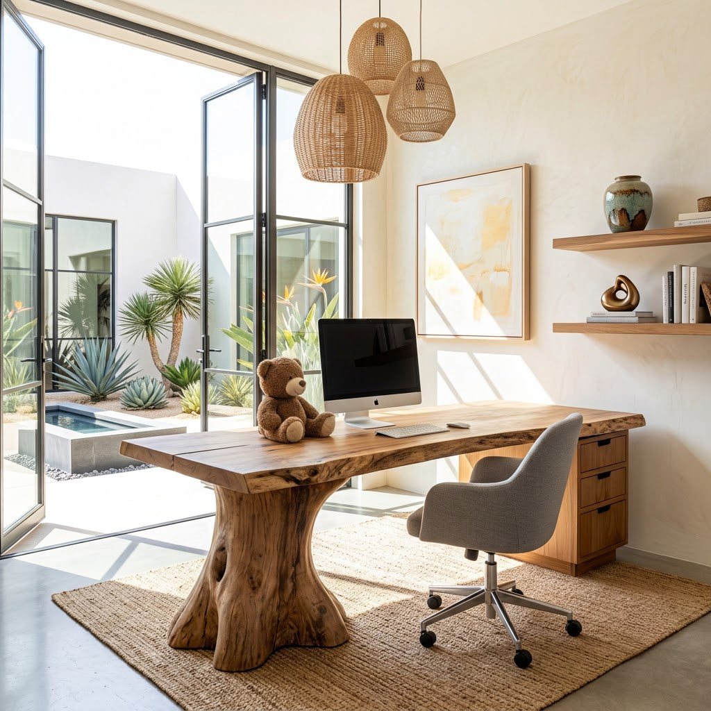 Sculptural Handcrafted Live Edge Solid Wood Executive Desk With Tree Trunk Pedestal Bases