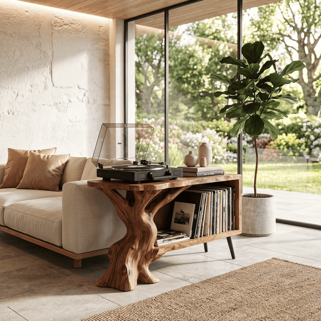 Sculptural Handcrafted Live Edge Tree Trunk Solid Wood Vinyl Record Player Stand & Media Console