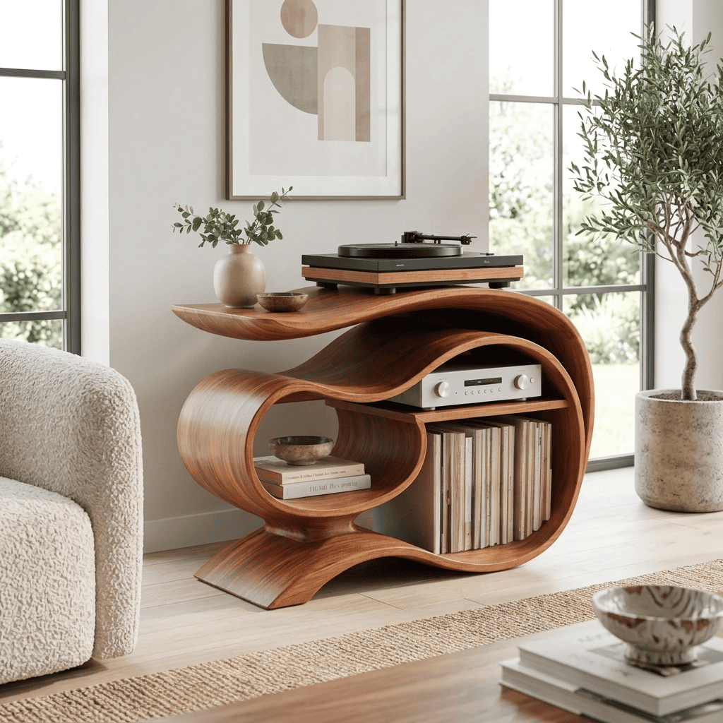Sculptural Handcrafted Ribbon Solid Wood Vinyl Record Player Stand & Media Console
