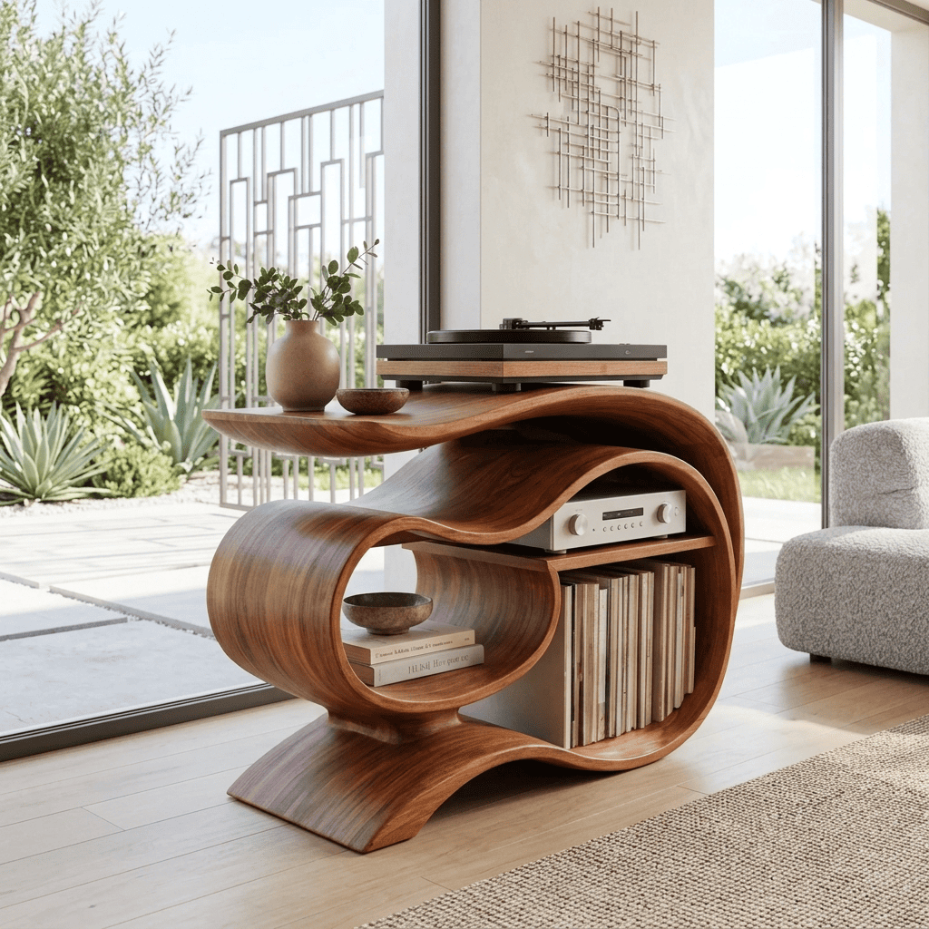 Sculptural Handcrafted Ribbon Solid Wood Vinyl Record Player Stand & Media Console