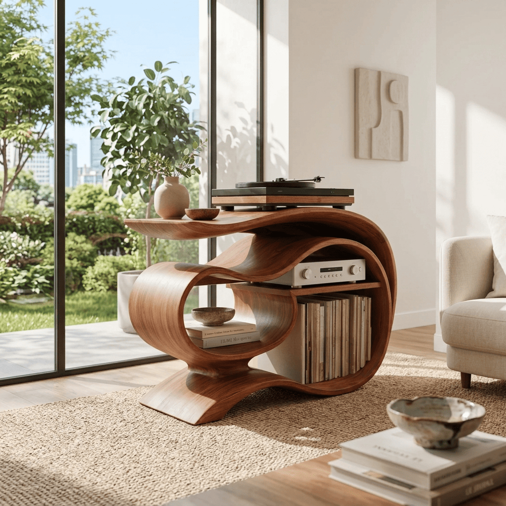 Sculptural Handcrafted Ribbon Solid Wood Vinyl Record Player Stand & Media Console