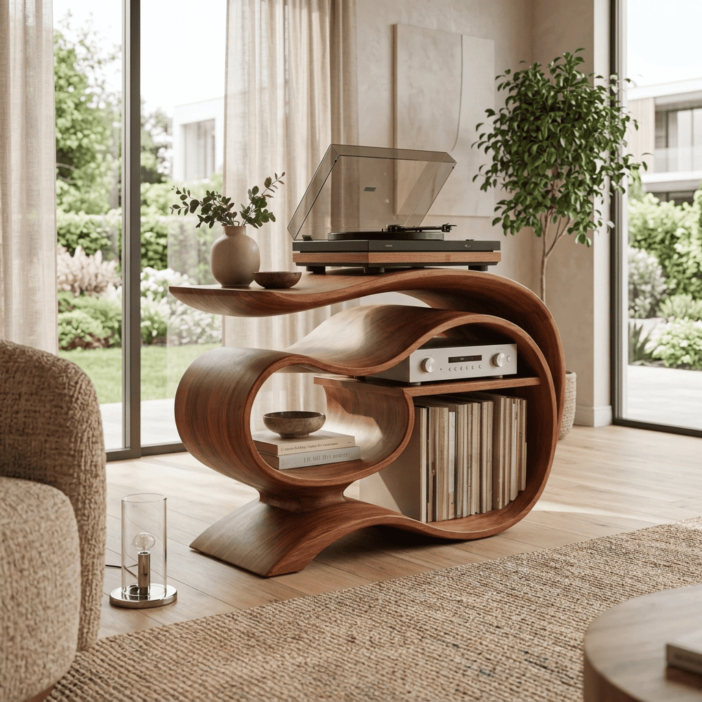Sculptural Handcrafted Ribbon Solid Wood Vinyl Record Player Stand & Media Console