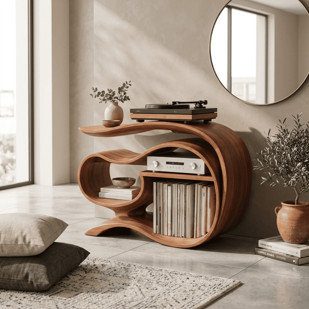 Sculptural Handcrafted Ribbon Solid Wood Vinyl Record Player Stand & Media Console