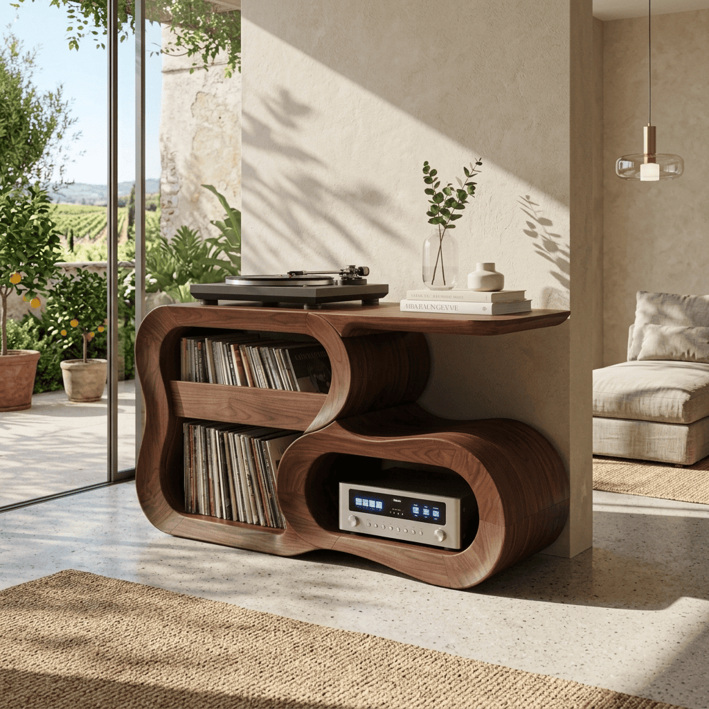 Sculptural Handcrafted S-Curve Solid Wood Vinyl Record Player Stand & Hi-Fi Media Console